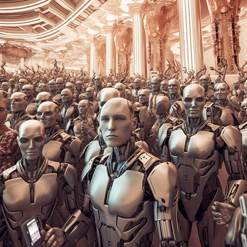 Hundreds of AI bots looking human in a ballroom