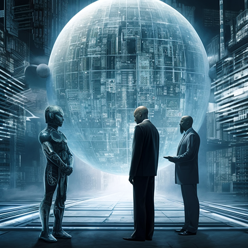 two men talking with an android on perhaps a space ship deck with a digital globe suspended next to them