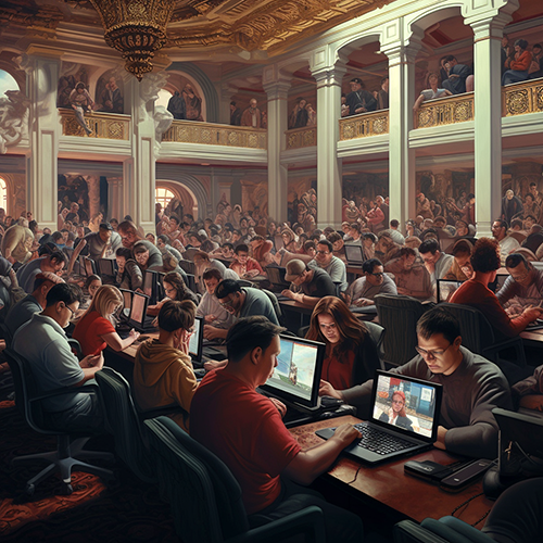 Fake photo of hackers in multi story open ballroom with classical columns all hunched over their laptops a