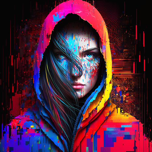 Young female, hooded hacker, pixelated