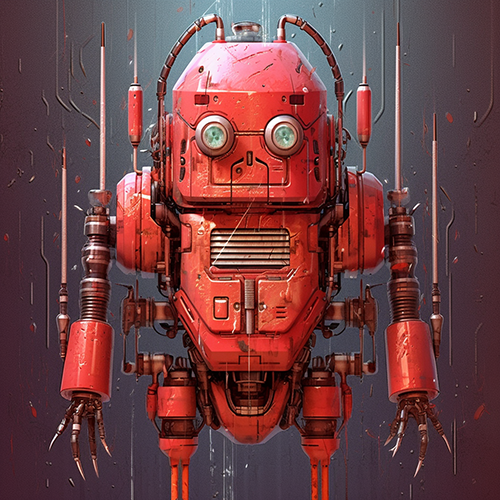Red robot with pointing things all over it, jewel eyes