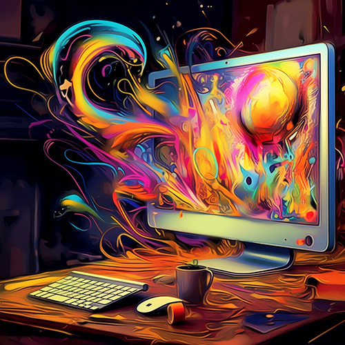 Dali like colors coming out of a silver big screen monitor on a desk with keyboard and coffee cup