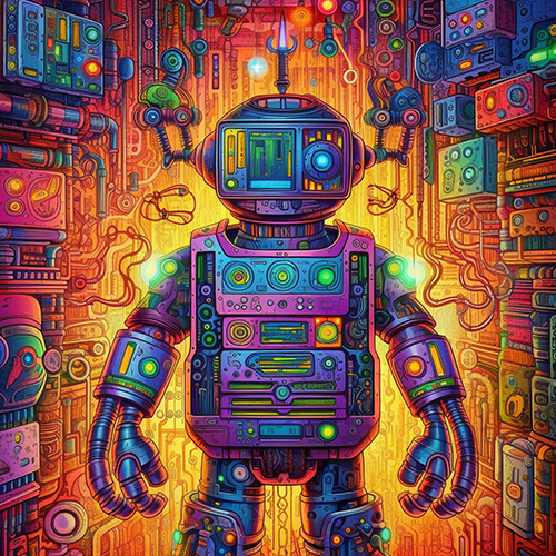 Multicolor rough robot with hieroglypic background