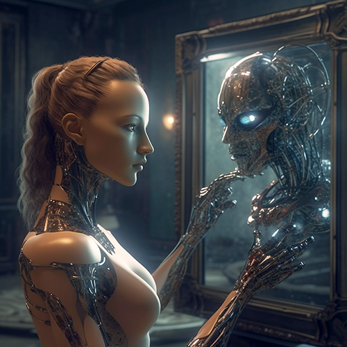 Beautiful robot looking in the mirror