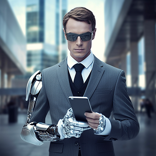 Male lawyer with robot arms and sunglasses on a city street looking at his phone