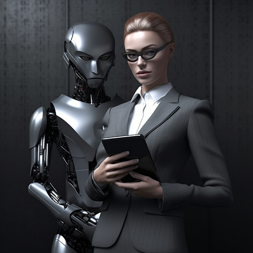 Lawyer robot looking at phone with robot behind her