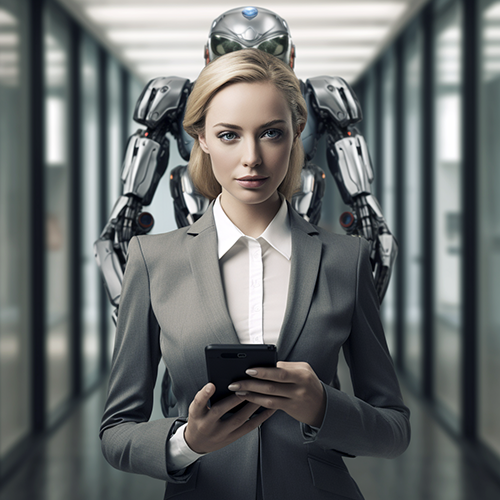 Lawyer looking at a phone in a hallway with robot right behind her