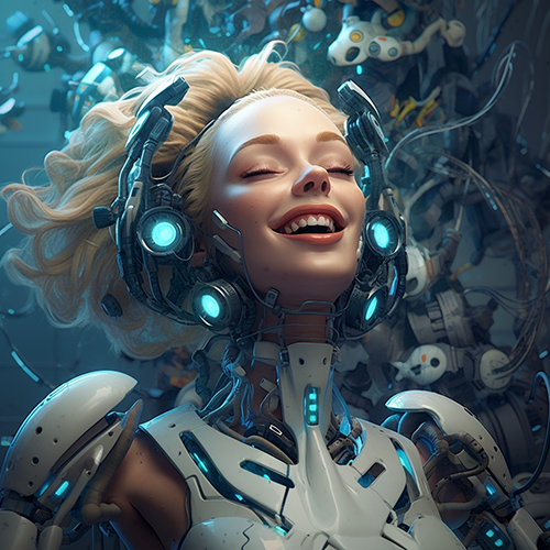 Beautiful female android, laughing with head back with exposed electronics