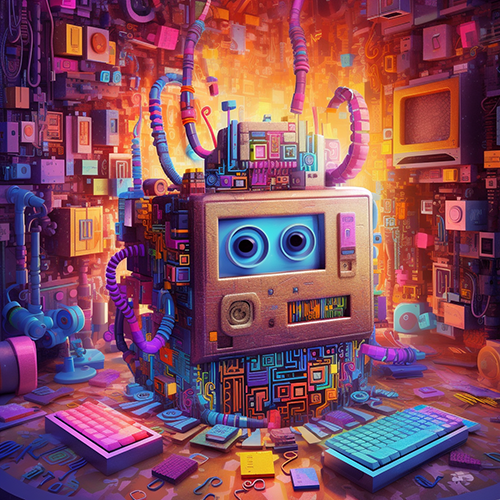 Whimsical image, pastels, homemade computer with jar sized eyes staring back, 2 keyboards, post its, cords