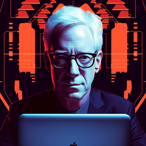 Ralph Losy as hacker, in front of a laptop with red hacker background