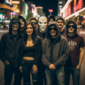 Fake photo of mixed gender hackers with hoodies and maaks outside in Vegas