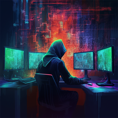 Hooded hacker in dark room sitting in front of four terminals