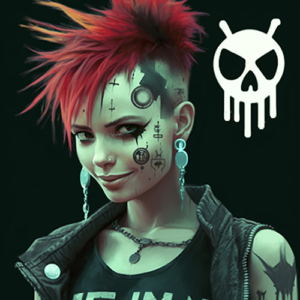 Punk hacker with danger sign behind and reddish Mohawk hair