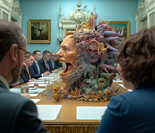 Fake photo of a White House meeting with evil AI Hydra in center of conference table