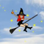 Red head witch flying on broom