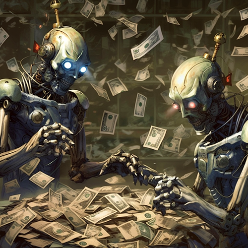 Robots looking like skeletons playing with lots of cash money