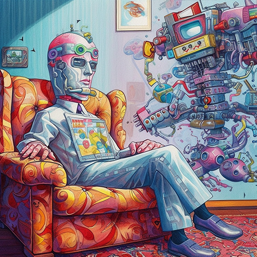 Android with shoes, sitting cross leg with tablet on chest, in overstuffed chair with colorful wallpaper.