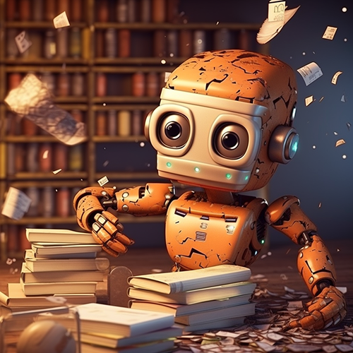 Robot in library with piles of books and confetti