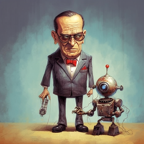 Old, wrinkled man with suit, red pocket square and bow tie with small robot