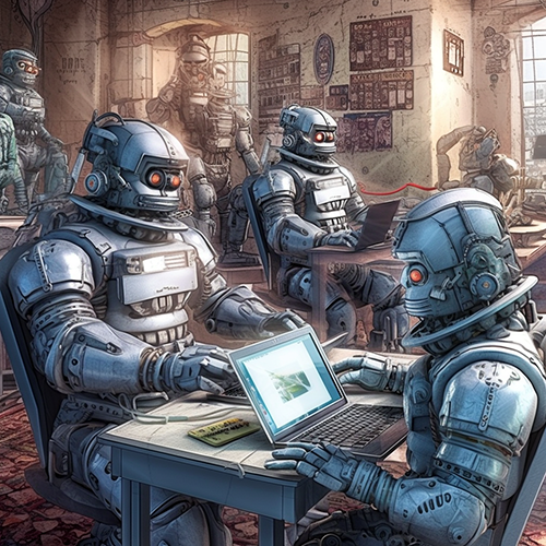 Robots sitting at small desks doing doc review