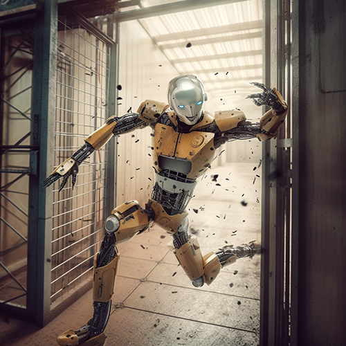 Robot bursting out of door with fencing