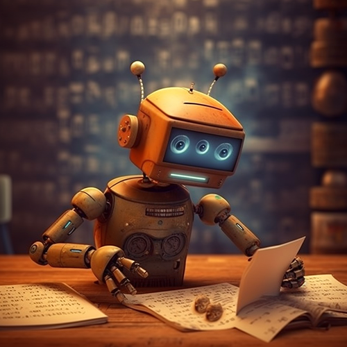 Robot sitting, reading a handwritten letter with two coins