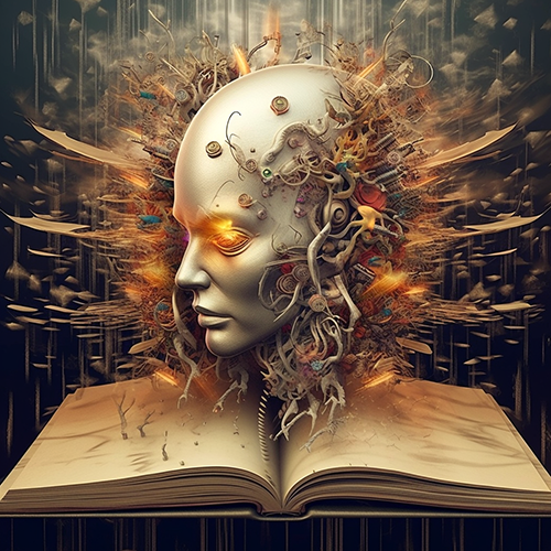 Android head floating above an open book with what looks like ribbons or light coming off of it, fire in the eye