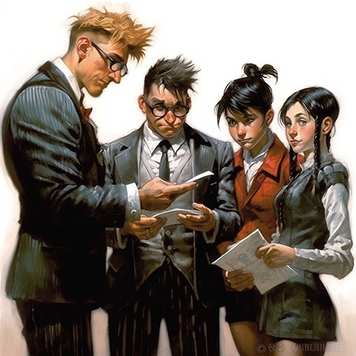 Anime like group of young business people discussing a written report.