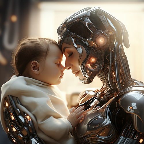 Android woman touching foreheads with a baby, nose to nose, child's fingers about to touch android