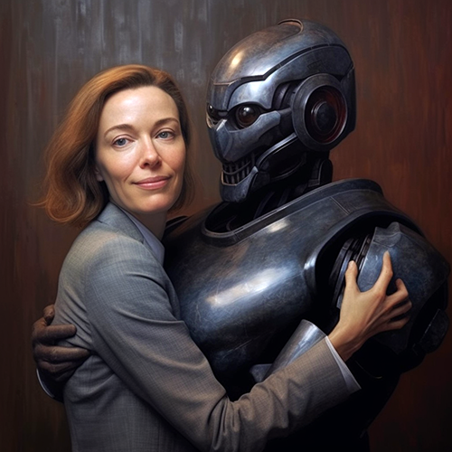 Woman holding the shoulders of an armored robot.
