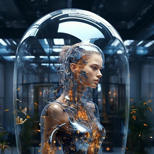 Female android, inside  big glass container