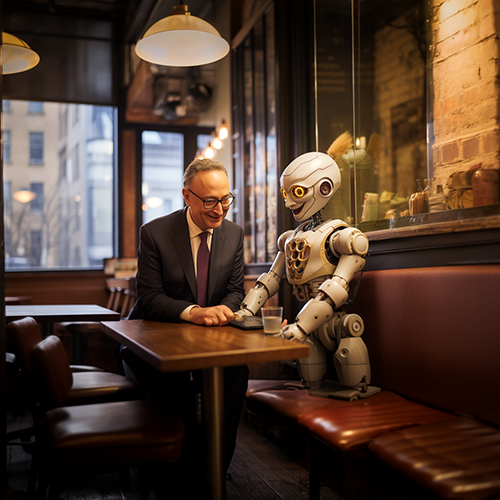 Young Charles Schumer at. cocktail table talking to a robot, robot has a drink