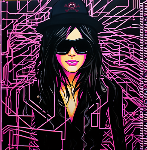 Long black hair, hacker with pink lipstick and black fedora, black blazer, pink electric schema background