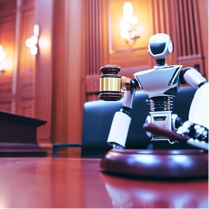 Small robot judge oon conference table in formal room