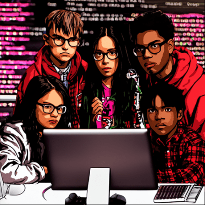 Cartoonish image of young hackers in front of a monitor with walls of computer code behind them