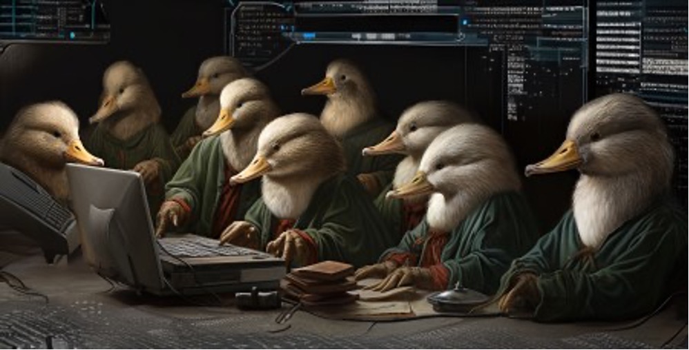 Ralph Losey's Digital Image of the Maple Mallard Magistrates via Midjourney. Ducks in front of laptops.