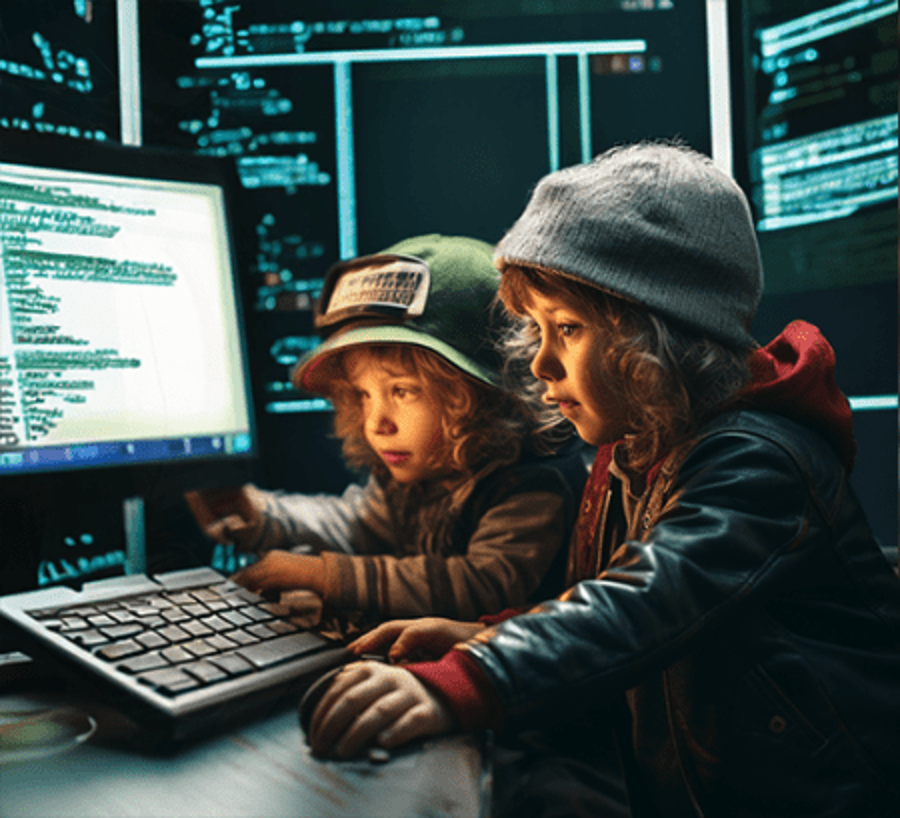 Hacker kids give us hope for the future. Fake photo hacked by Ralph Losey and Midjourney.