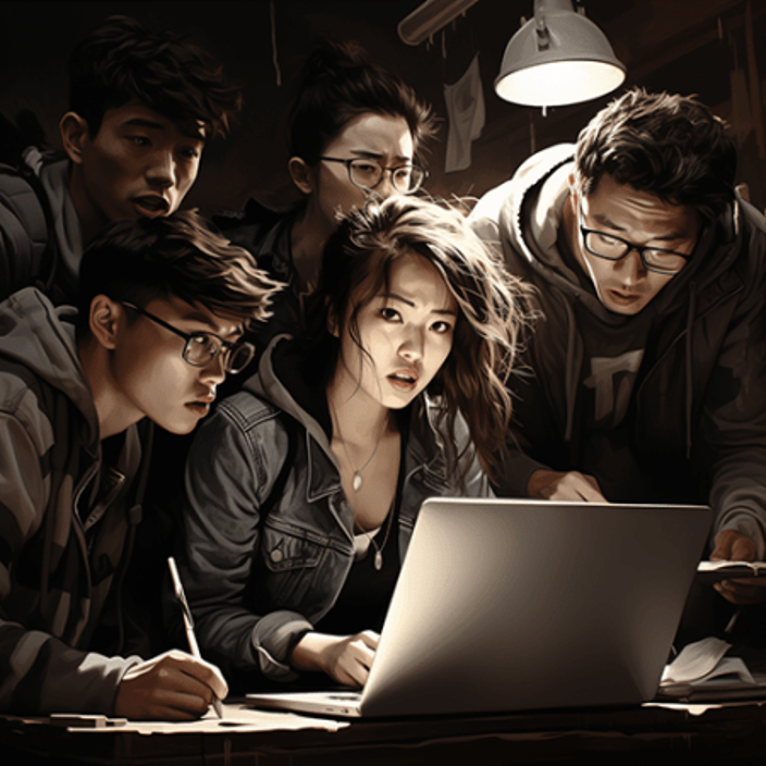 Diverse group of young hackers, dark room, hanging light intently looking at a laptop screen