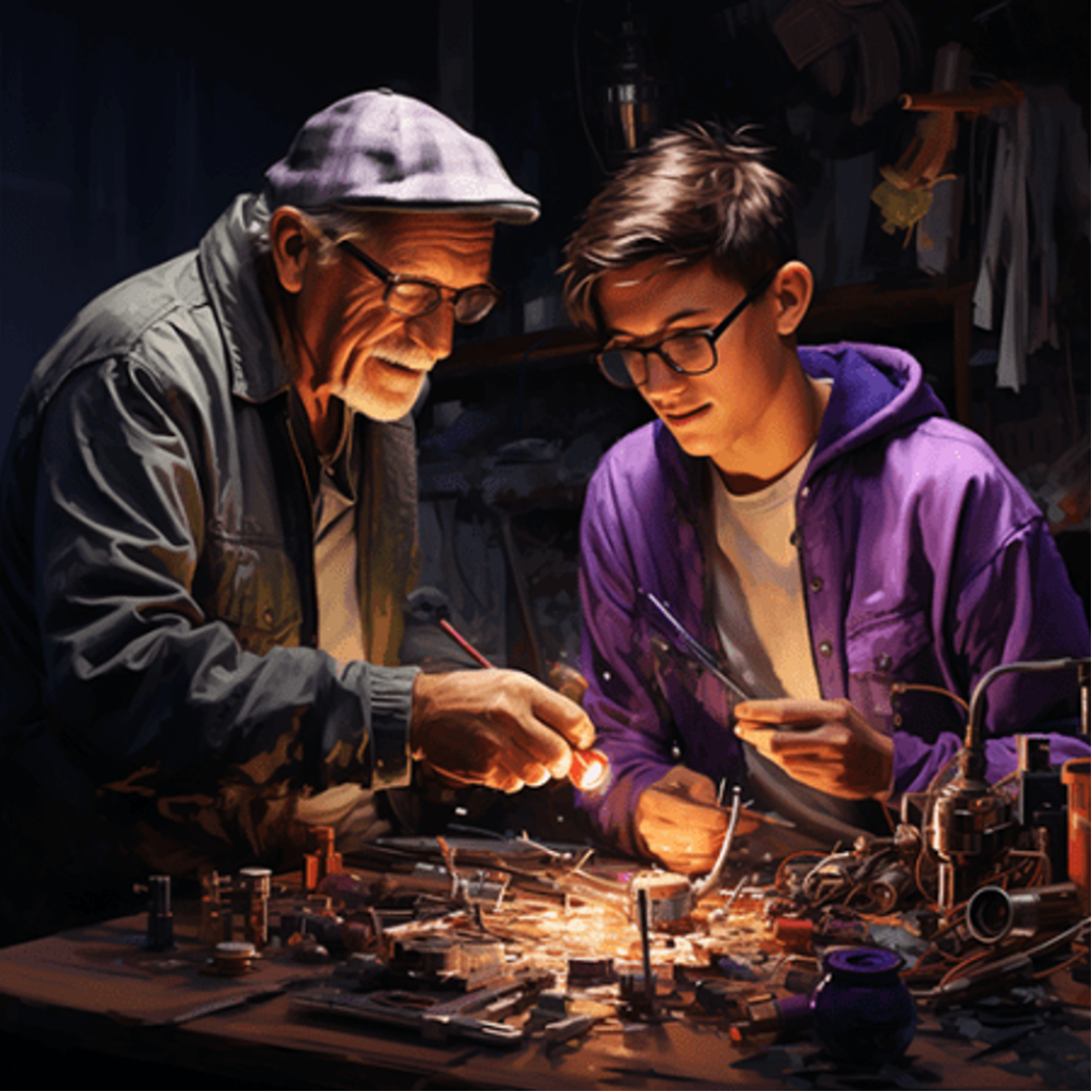 Older man instructing a teen boy on tech