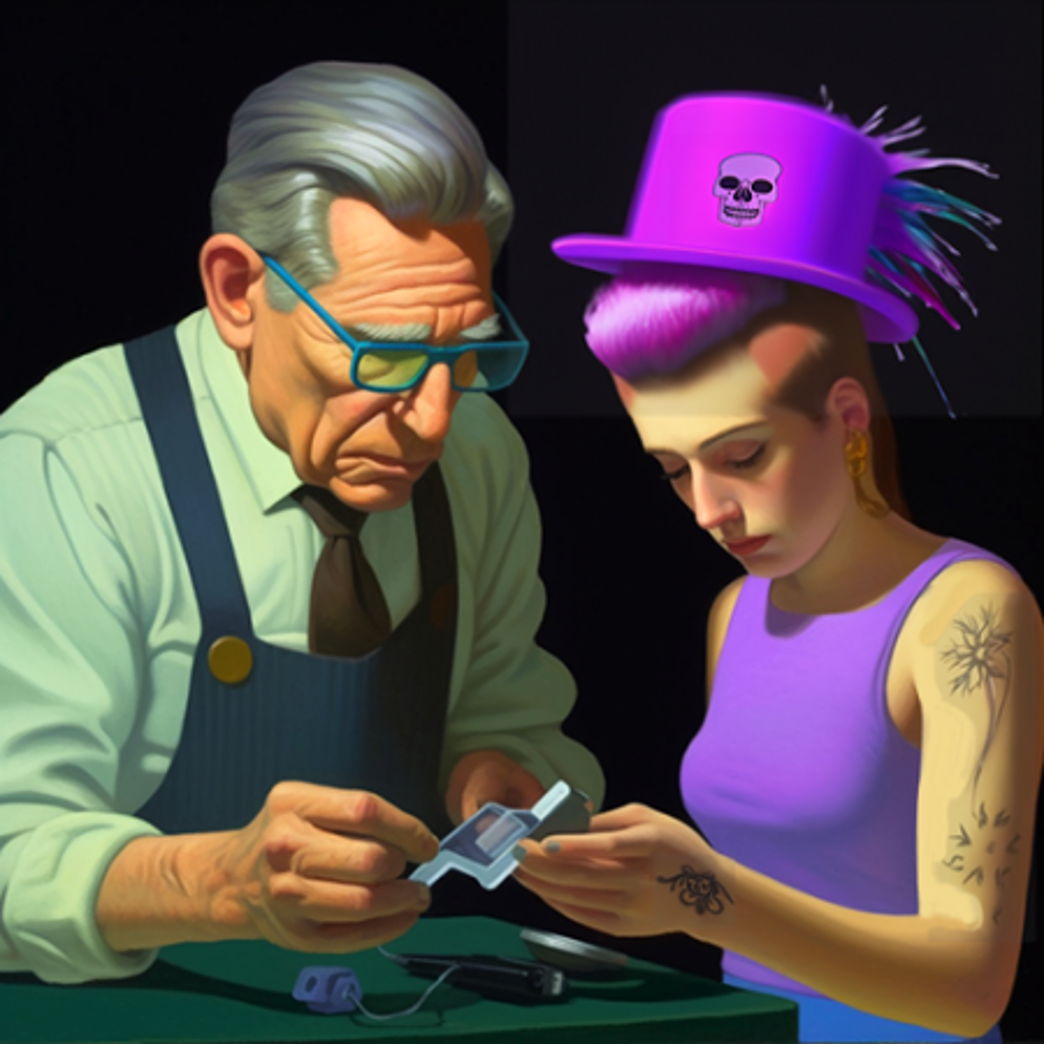 Old man in apron and young punk iin a top hat collaborating