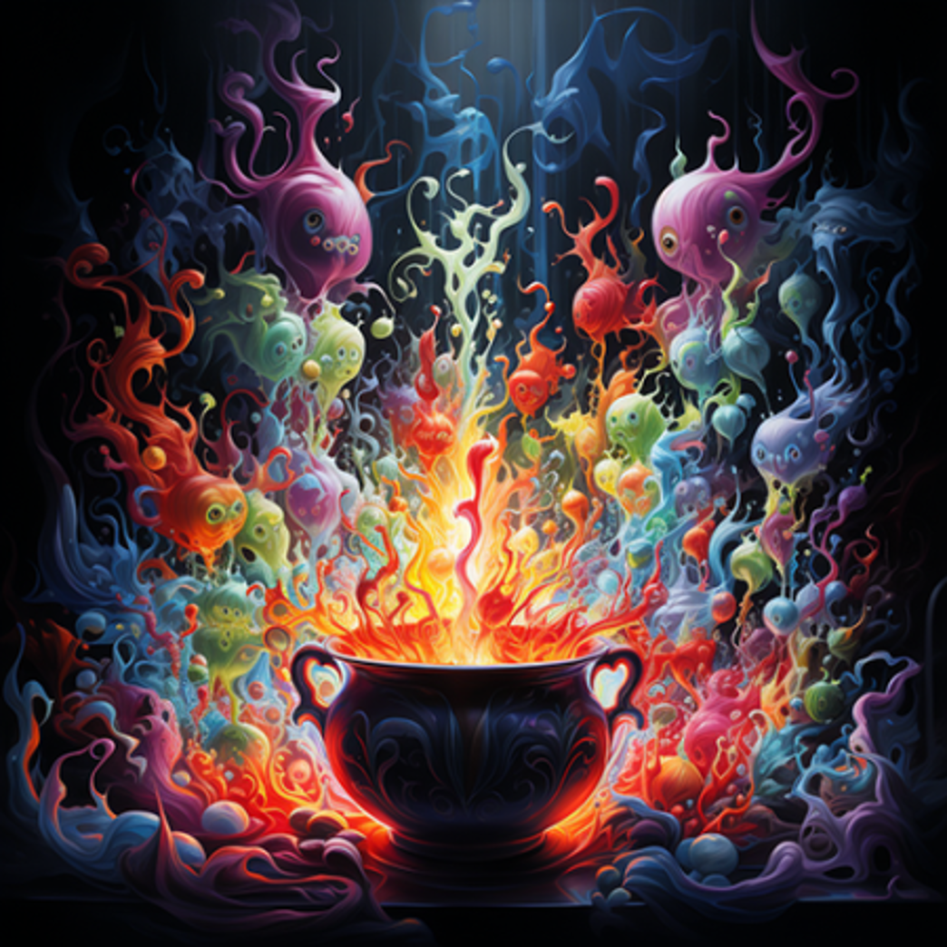 Cauldron overflowing with colorful material