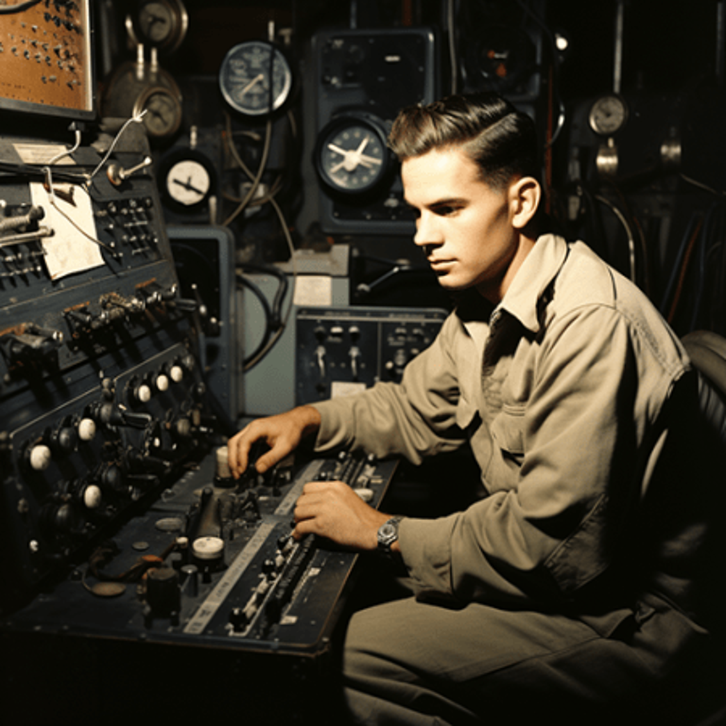 WWII pic of young man in a radio room
