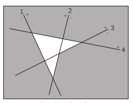 Geometric, lines crossing each other, with white centers on gray background. L ines are numbered 1-4 on the top part of each line