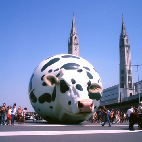 Spherical cow in town square with people milling and looking