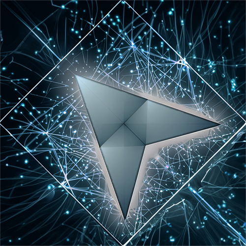 Geometric shape like a Star Trek badge, inside a square, point down, on blue dot background