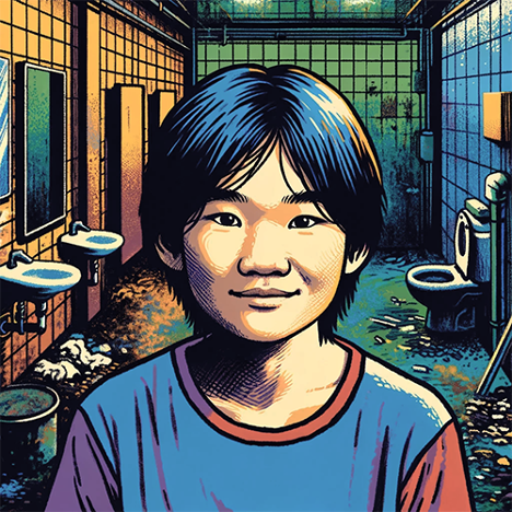 Young Asian boy in filthy bathroom