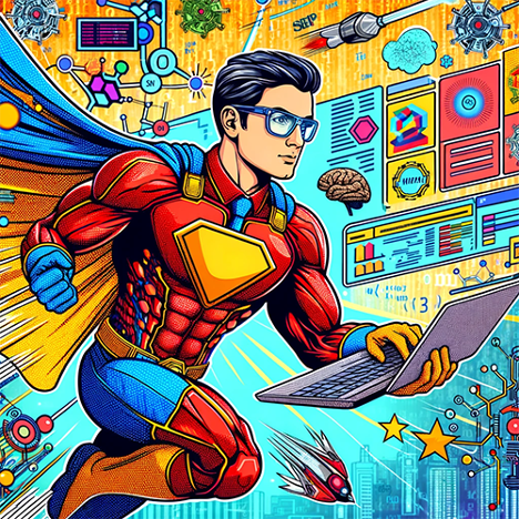 Superman with Clark Kent glasses with laptop