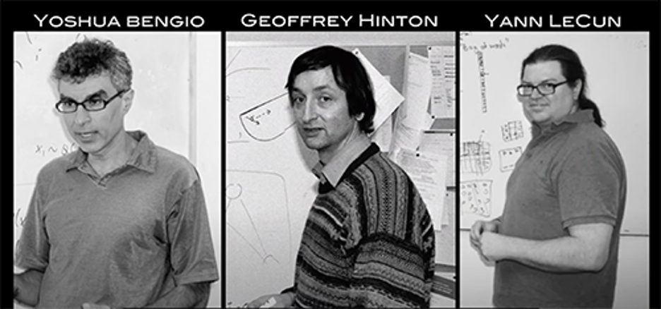 3 black and white photos of Yoshua Bengo, Geoffrey Hinton, Yann LeCun