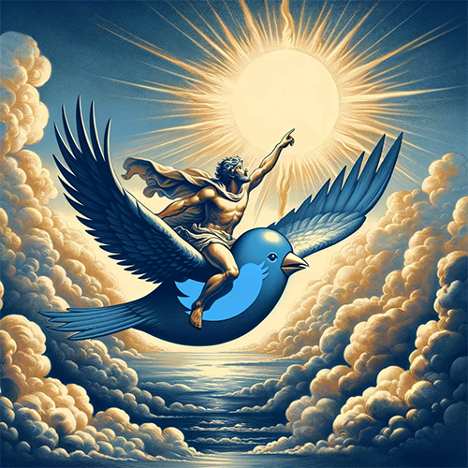 Buff Icarus on Twitter bird high in the sky pointing at the sun.