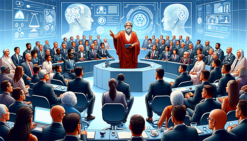 Socrates on trial in a futuristic court with jurors.